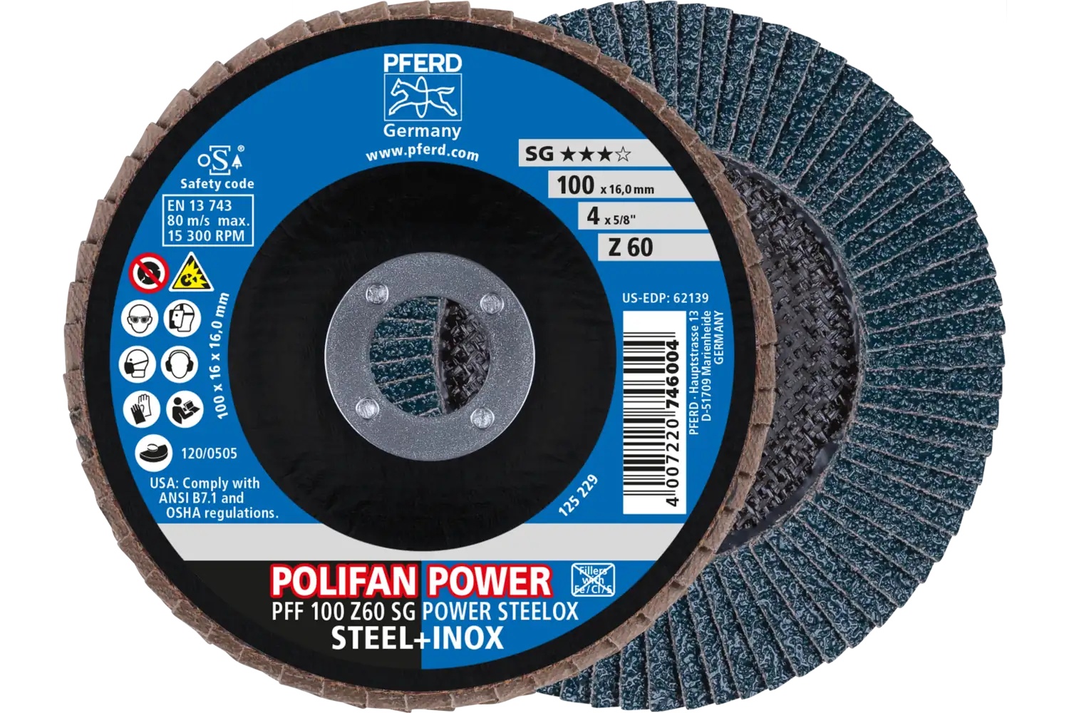 Picture of Pferd Flap Disc, 4" x 5/8, Z SG Power Steelox, 60 Grit, T27, Flat, Zirconia